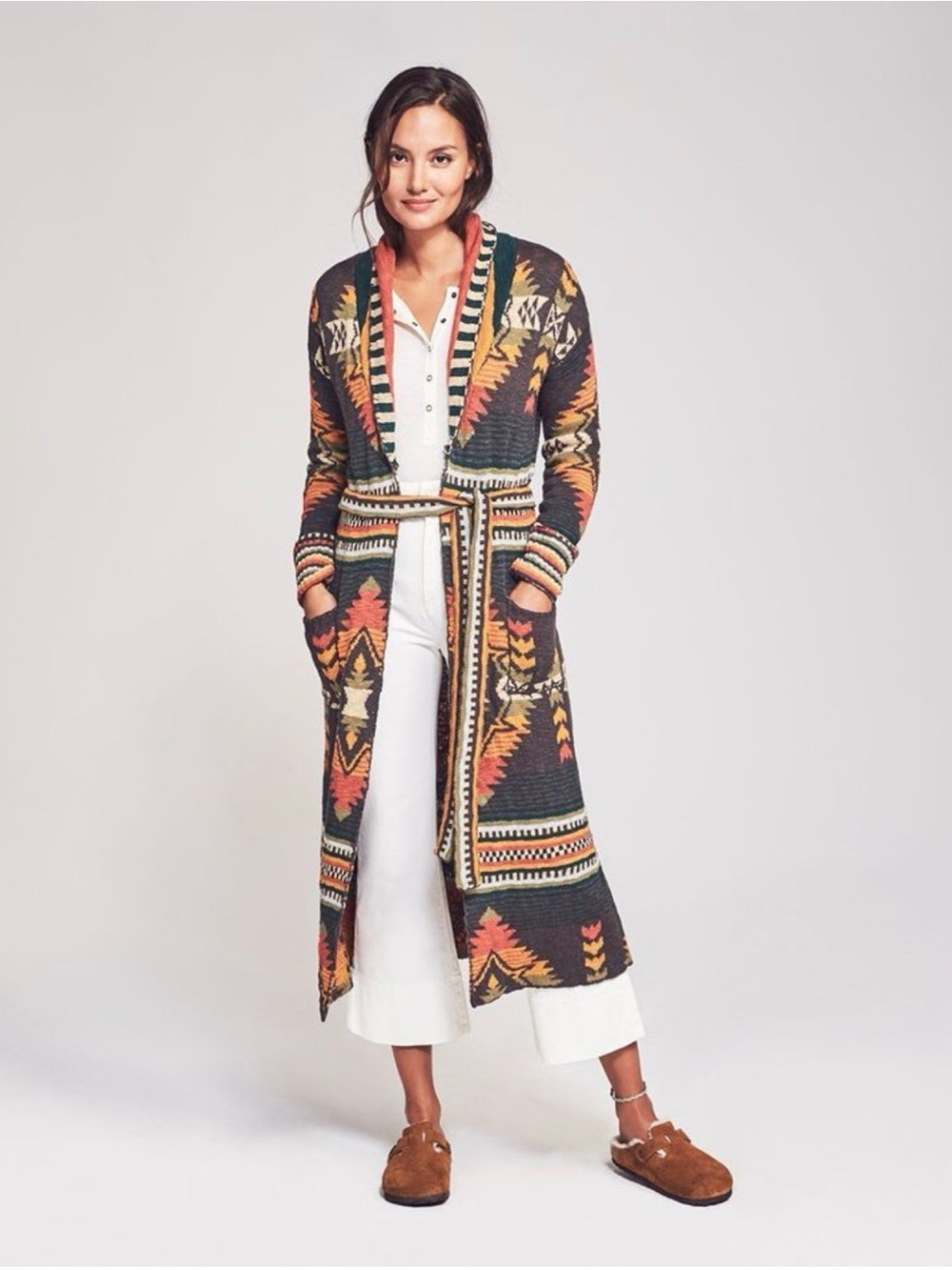 Faherty Paloma Duster Aztec Southwestern Cardigan Sweater Shawl Collar